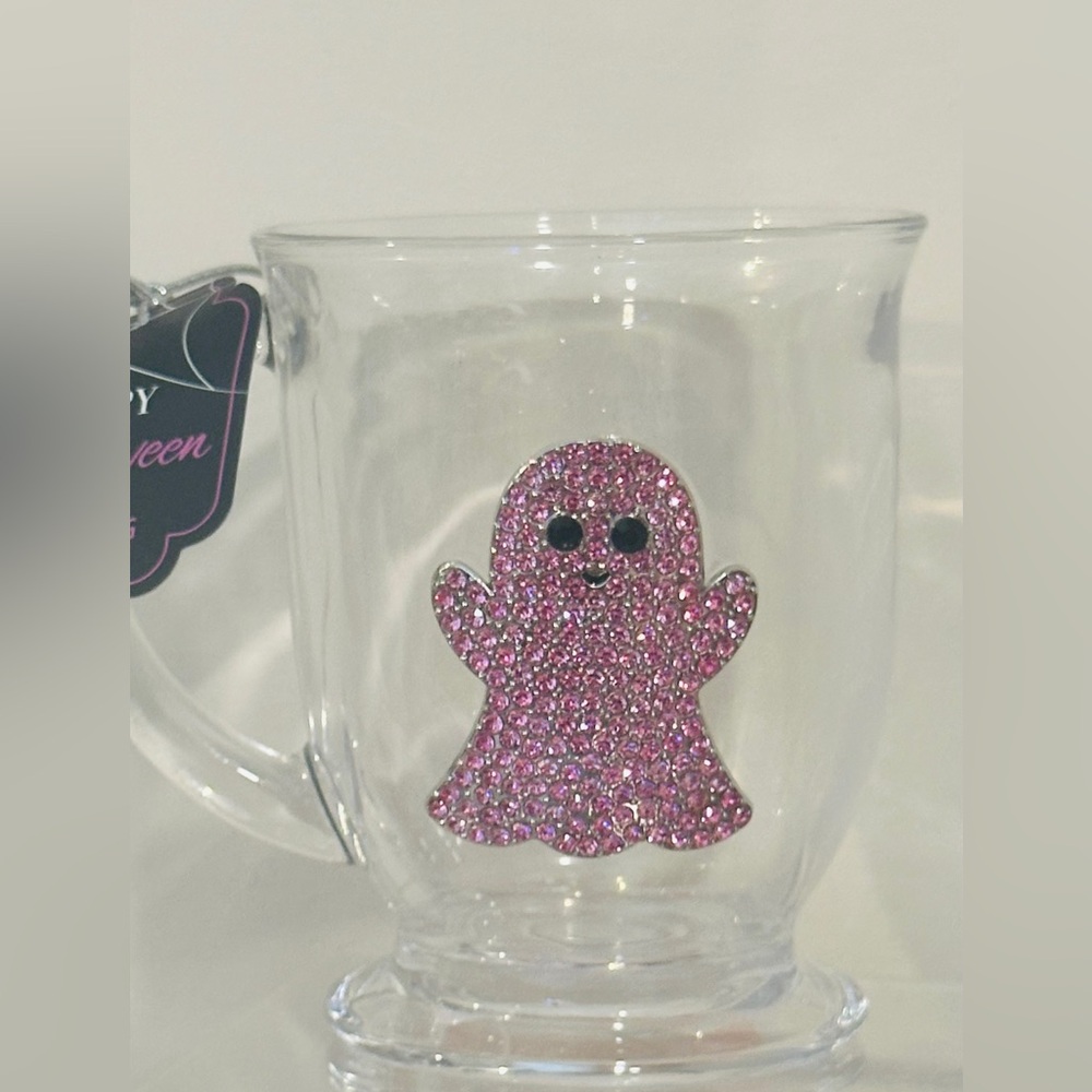 Halloween Glass Mug with Pink Rhinestone Ghost